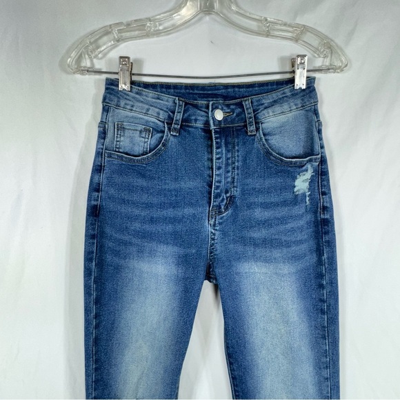 Women’s Distressed High Rise Flare Leg Stretch Denim Jeans - Picture 2 of 7